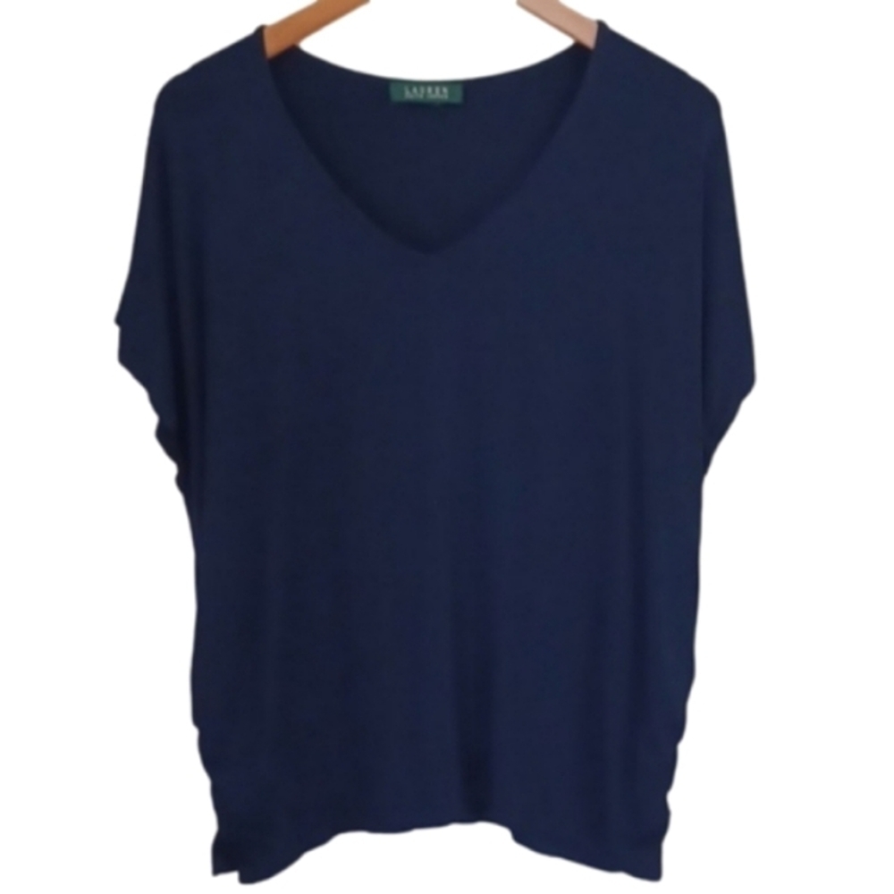 Lauren Ralph Lauren Navy V-Neck Ruched Side Top